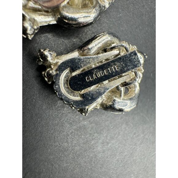 Vtg Claudette Crystal Clear Rhinestones Silver Tone Metal Clip On Earrings - Picture 6 of 7